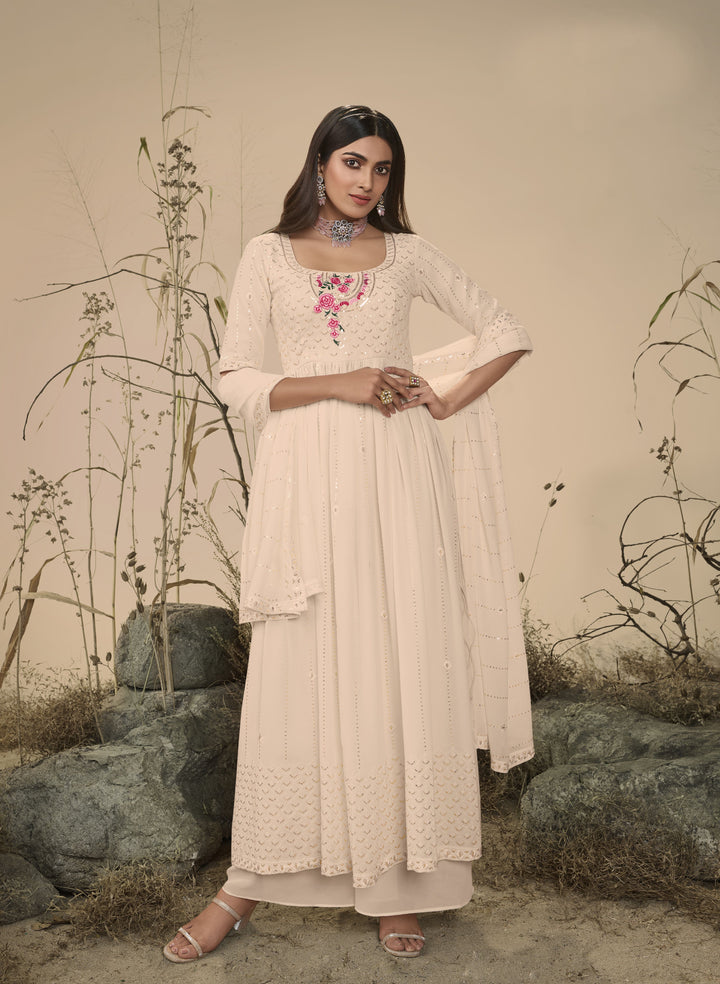 Off-White Designer Salwar Plazzo Suit | Festive Georgette Ensemble