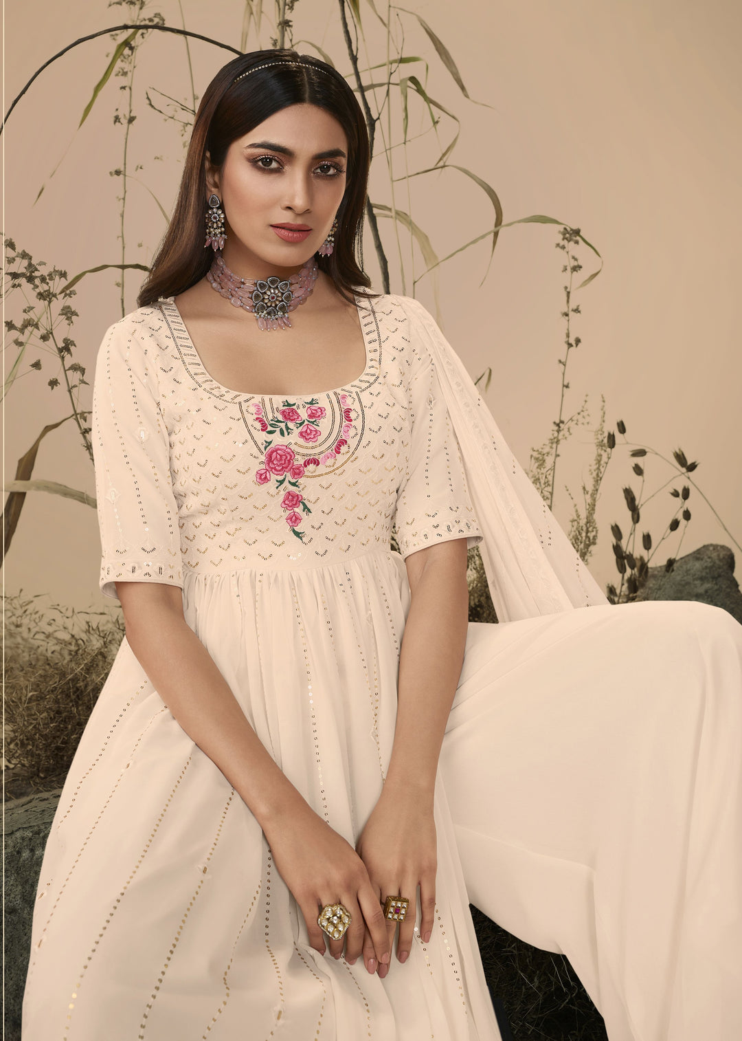 Off-White Designer Salwar Plazzo Suit | Festive Georgette Ensemble