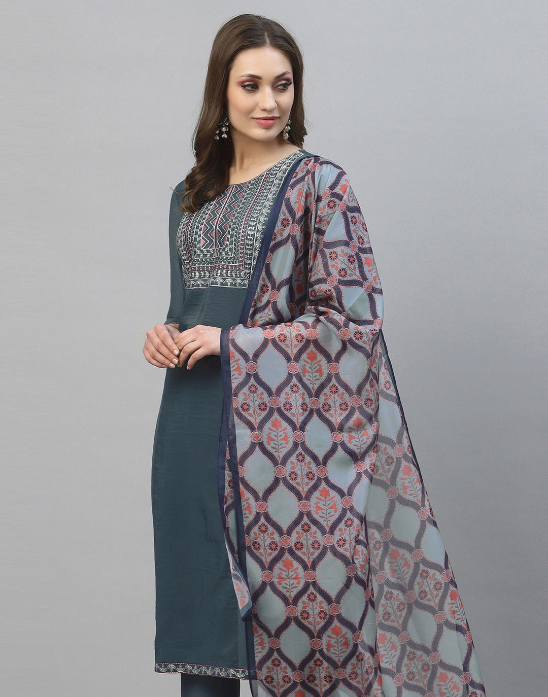 Designer Gray Kurti Set | Chinon Fabric with Silk Blend Dupatta and Bottom