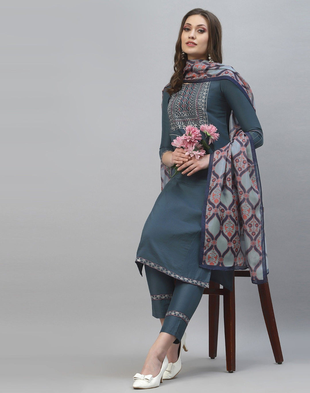 Designer Gray Kurti Set | Chinon Fabric with Silk Blend Dupatta and Bottom