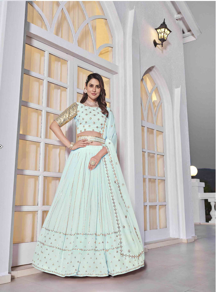 Elegant Sky Blue Lehenga | Thread Embroidery & Sequence Work Choli