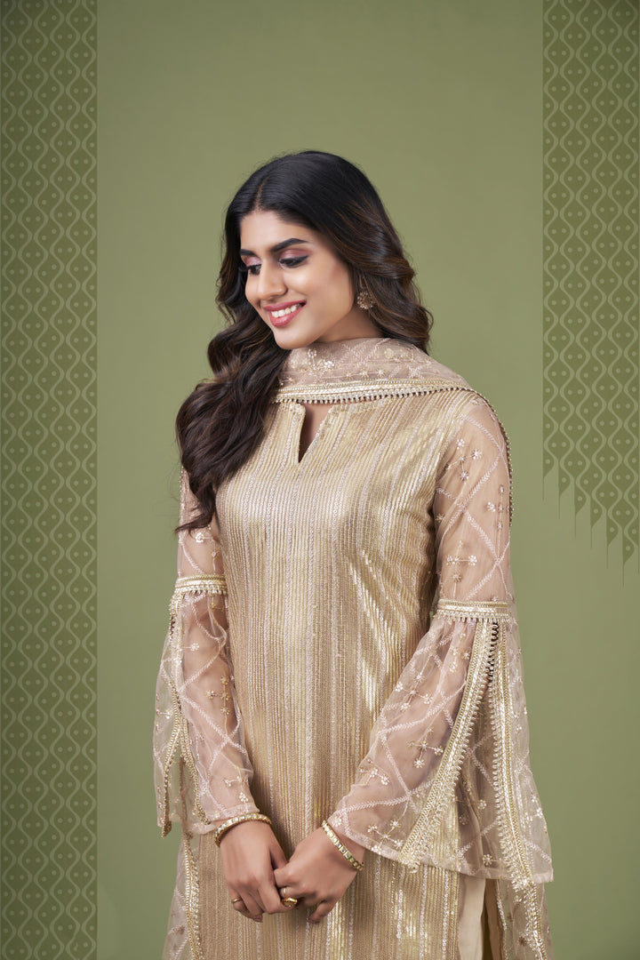 Beige Butterfly Net Salwar Suit | Tone-on-Tone Thread & Sequins Embroidery Work