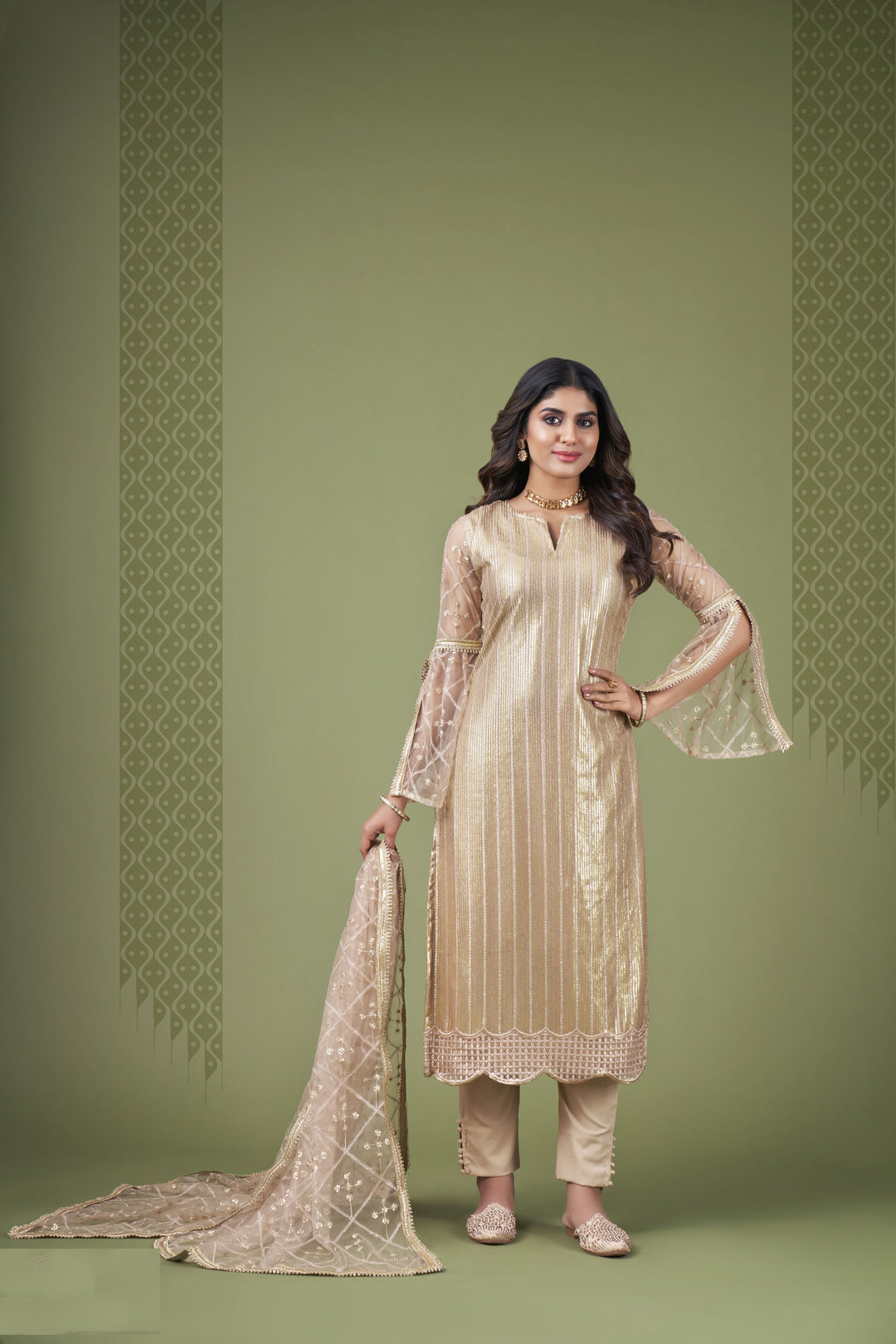 Beige Butterfly Net Salwar Suit | Tone-on-Tone Thread & Sequins Embroidery Work