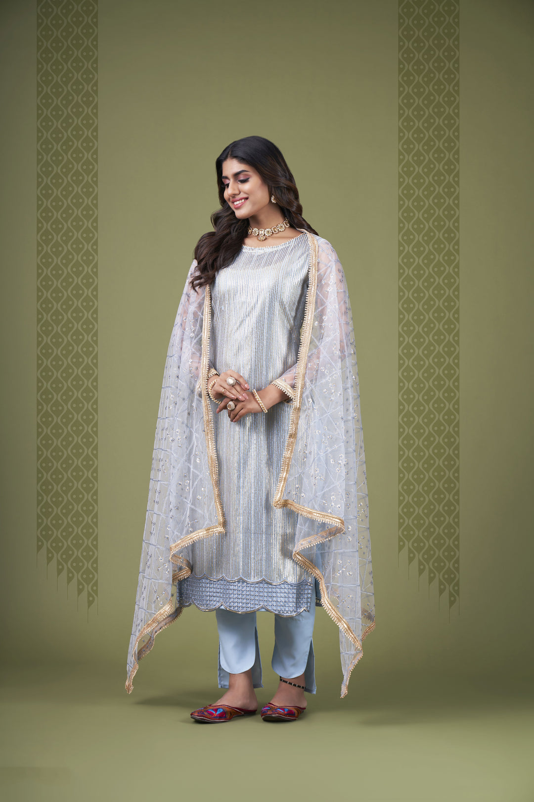 Sky Blue Butterfly Net salwar suit | American Crepe Bottom & Embroidery