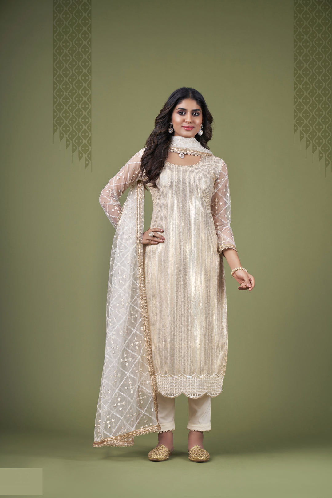 Cream Butterfly Net salwar suit | American Crepe Bottom & Embroidery