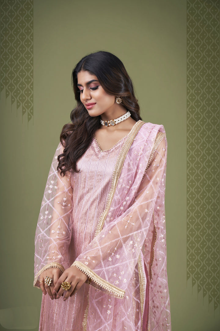 Pink Butterfly Net salwar suit | American Crepe Bottom & Embroidery