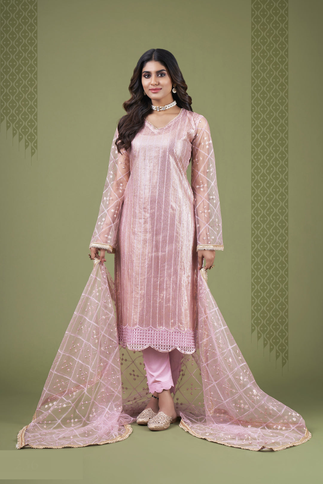 Pink Butterfly Net salwar suit | American Crepe Bottom & Embroidery