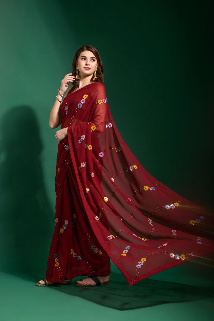 Elegant Georgette Saree with Sequins & Embroidery | Perfect for Weddings & Festivities