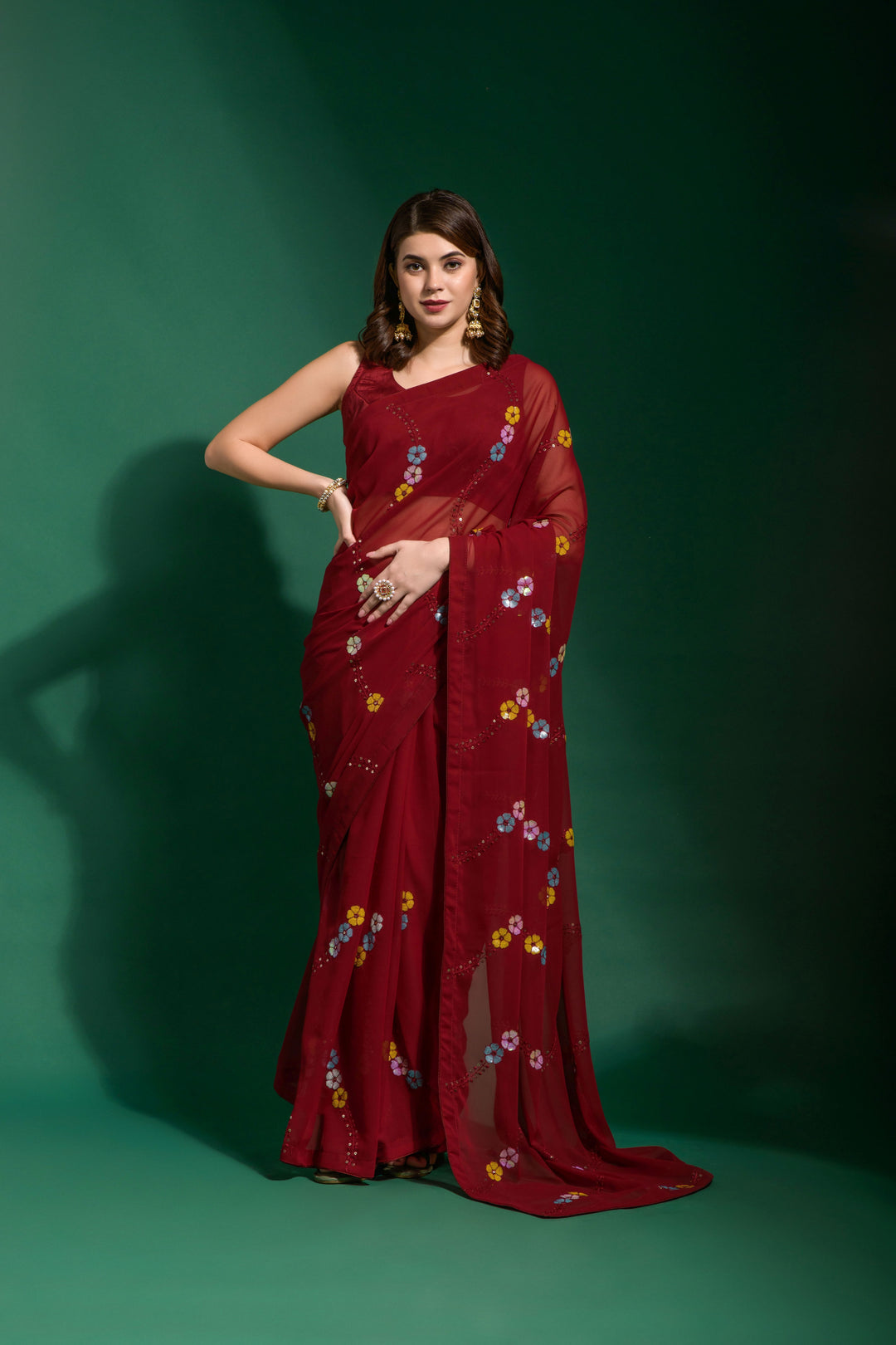 Elegant Georgette Saree with Sequins & Embroidery | Perfect for Weddings & Festivities