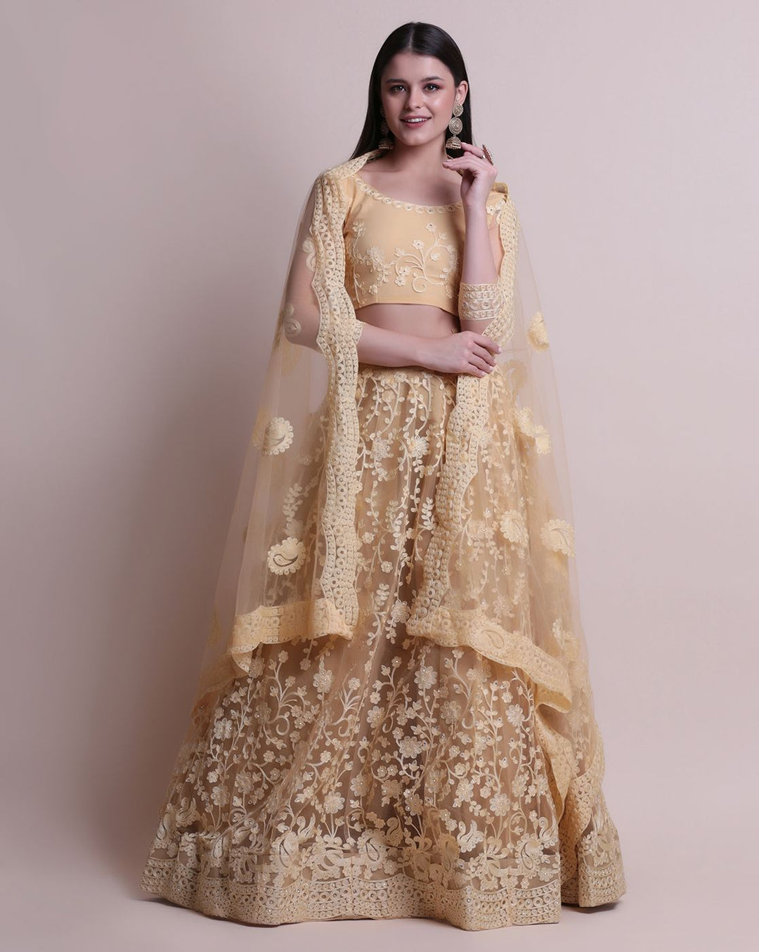 Cream Net Lehenga Choli | Designer Embroidery Work for Weddings