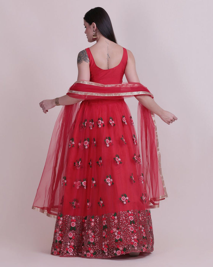 Designer Red Lehenga | Net Fabric with Embroidery Work for Events