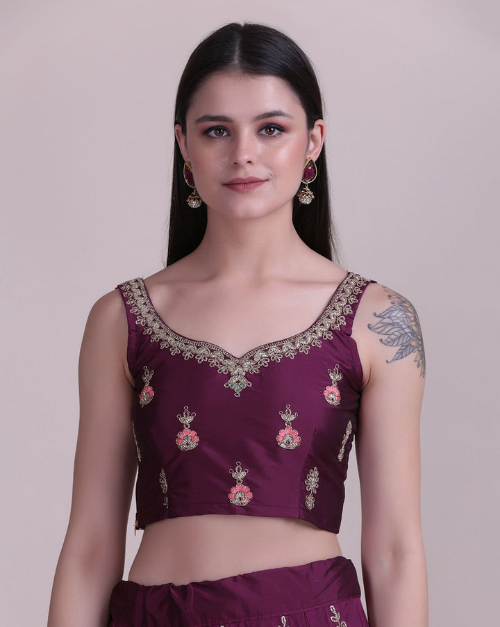 Elegant Purple Lehenga | Taffeta Silk Blouse with Net Dupatta & Embroidery