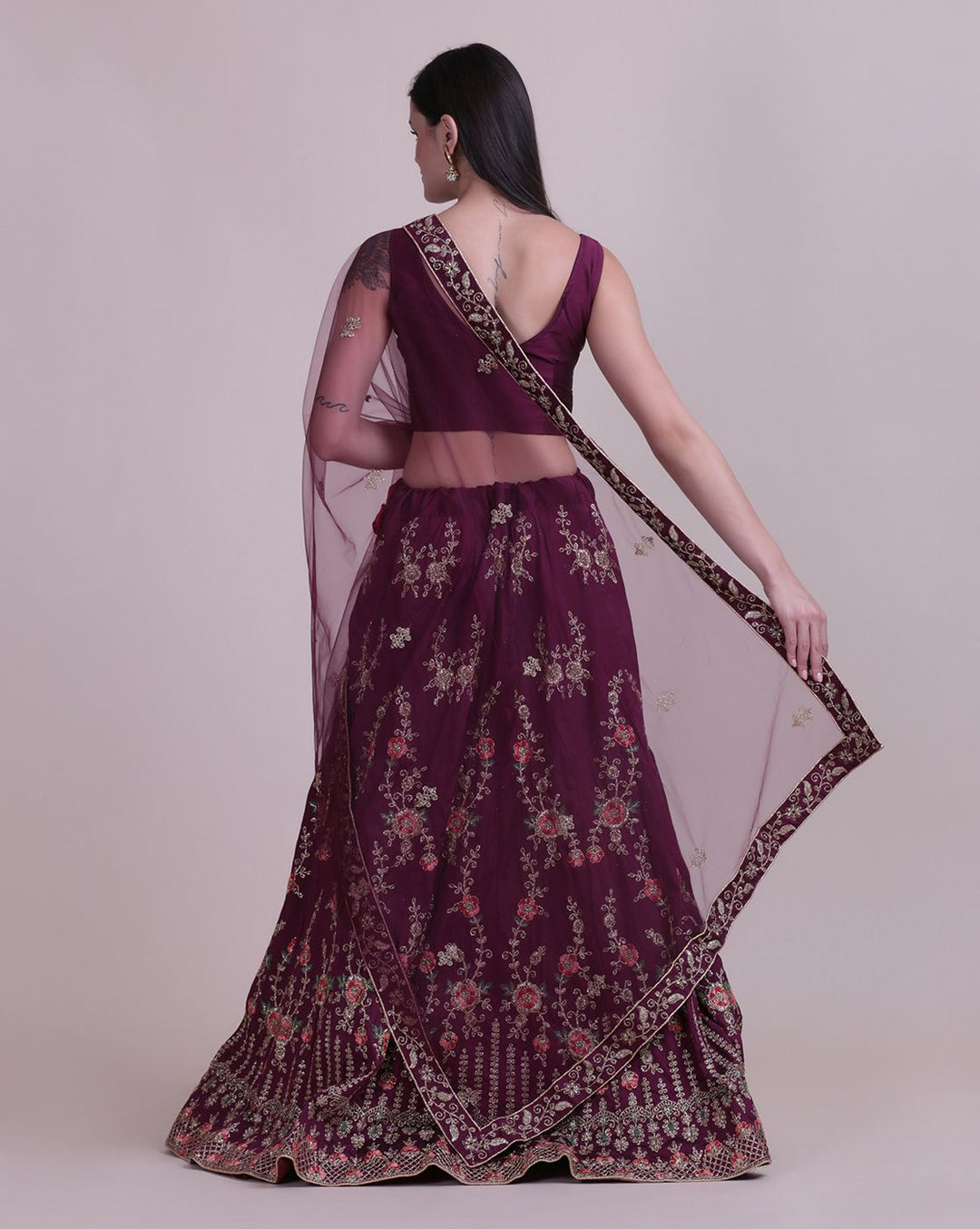 Elegant Purple Lehenga | Taffeta Silk Blouse with Net Dupatta & Embroidery