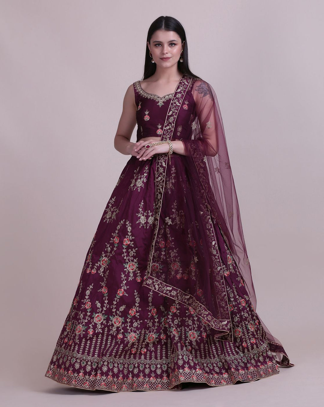 Elegant Purple Lehenga | Taffeta Silk Blouse with Net Dupatta & Embroidery