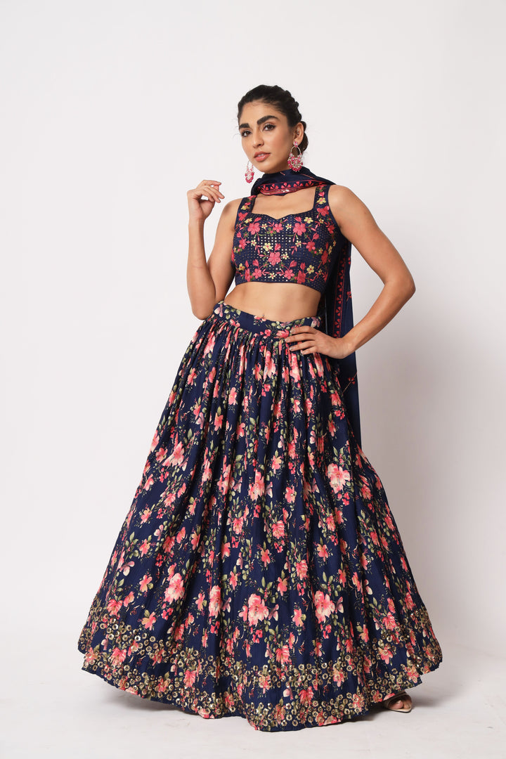 Elegant Navy Blue Lehenga | Art Silk with Thread & Sequence Embroidery Work