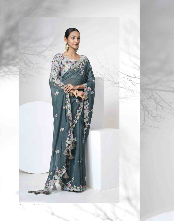 Organza Saree with Art-Silk Blouse | Elegant Thread & Jari Embroidery for Weddings