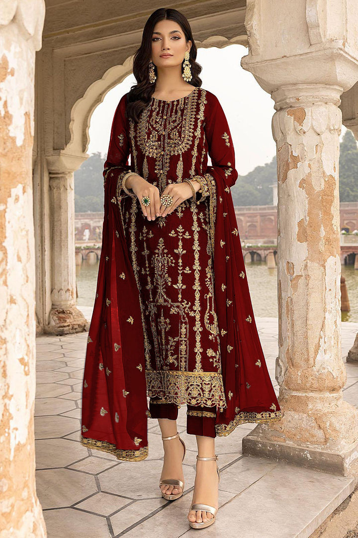 Faux Georgette Designer Suit | Floral Embroidery & Net Dupatta For festive wear