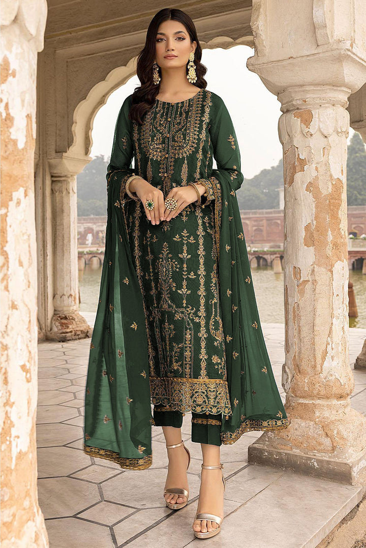 Faux Georgette Designer Suit | Floral Embroidery & Net Dupatta For festive wear