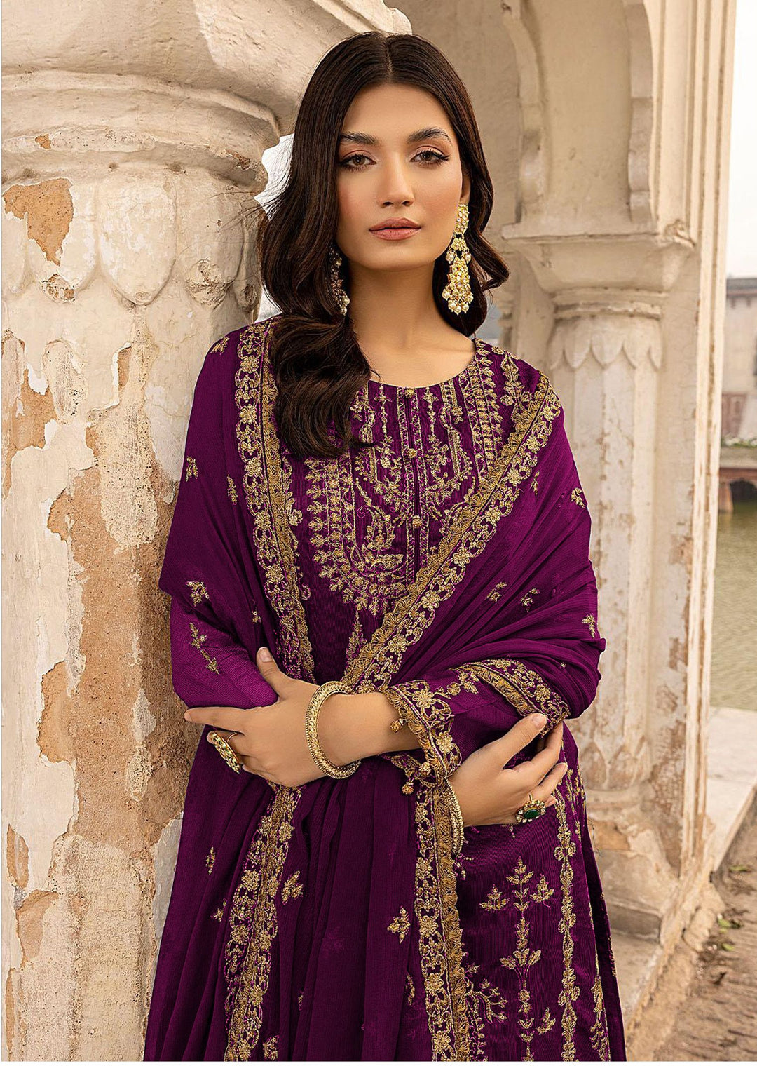 Faux Georgette Designer Suit | Floral Embroidery & Net Dupatta For festive wear