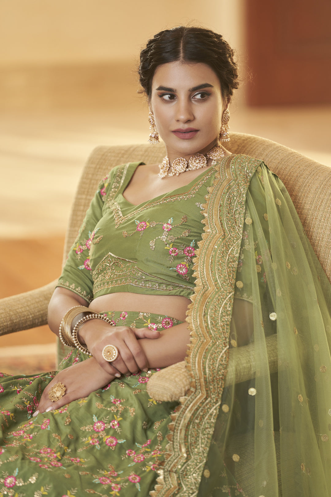 Olive Green Chinon Silk Lehenga Choli | Butterfly Net Dupatta & Thread Embroidery