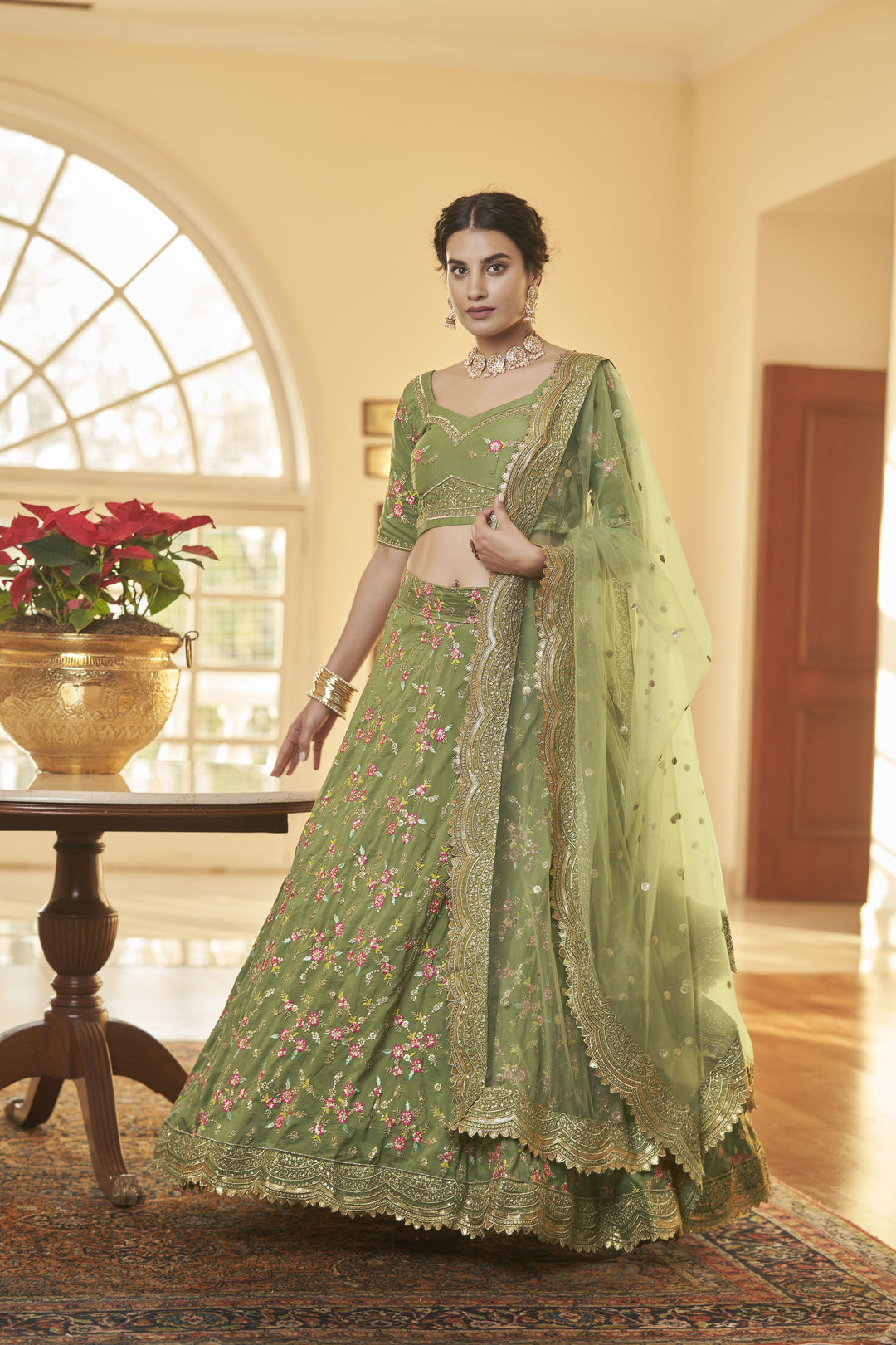 Olive Green Chinon Silk Lehenga Choli | Butterfly Net Dupatta & Thread Embroidery