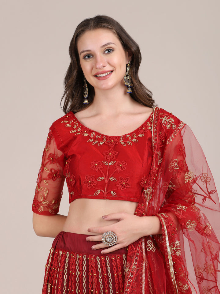 Maroon Net Lehenga Choli with Fancy Embroidery | Perfect for Weddings & Parties