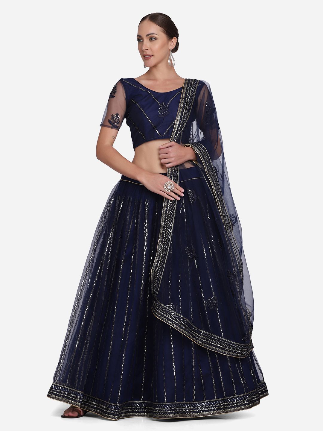 Navy Blue Designer Lehenga Choli | Embroidered Net Fabric Set for Weddings