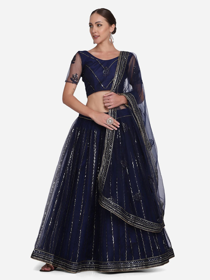 Navy Blue Designer Lehenga Choli | Embroidered Net Fabric Set for Weddings