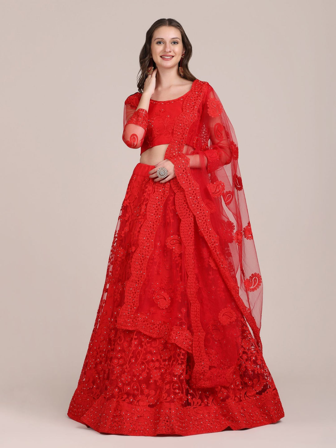 Designer Red Net Lehenga Choli with Net Dupatta | Embroidery & Stone Work