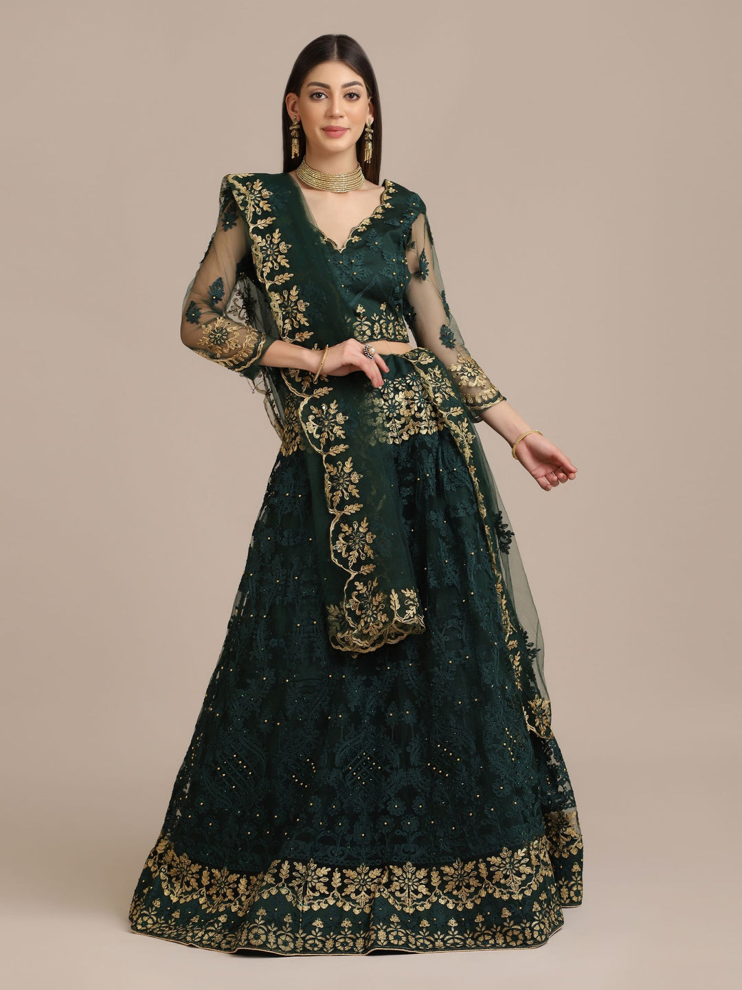 Dark Green Net Lehenga Choli with Net Dupatta | Designer Embroidery & Stone Work