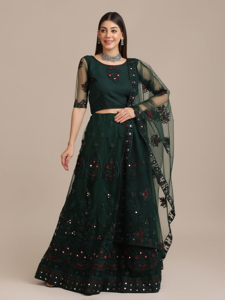 Dark Green Net Lehenga Choli | Designer Mirror Embroidery Work