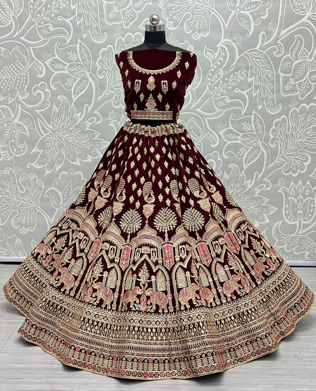 Maroon Velvet Lehenga Choli with Soft Net Dupatta | Wedding Choli Set