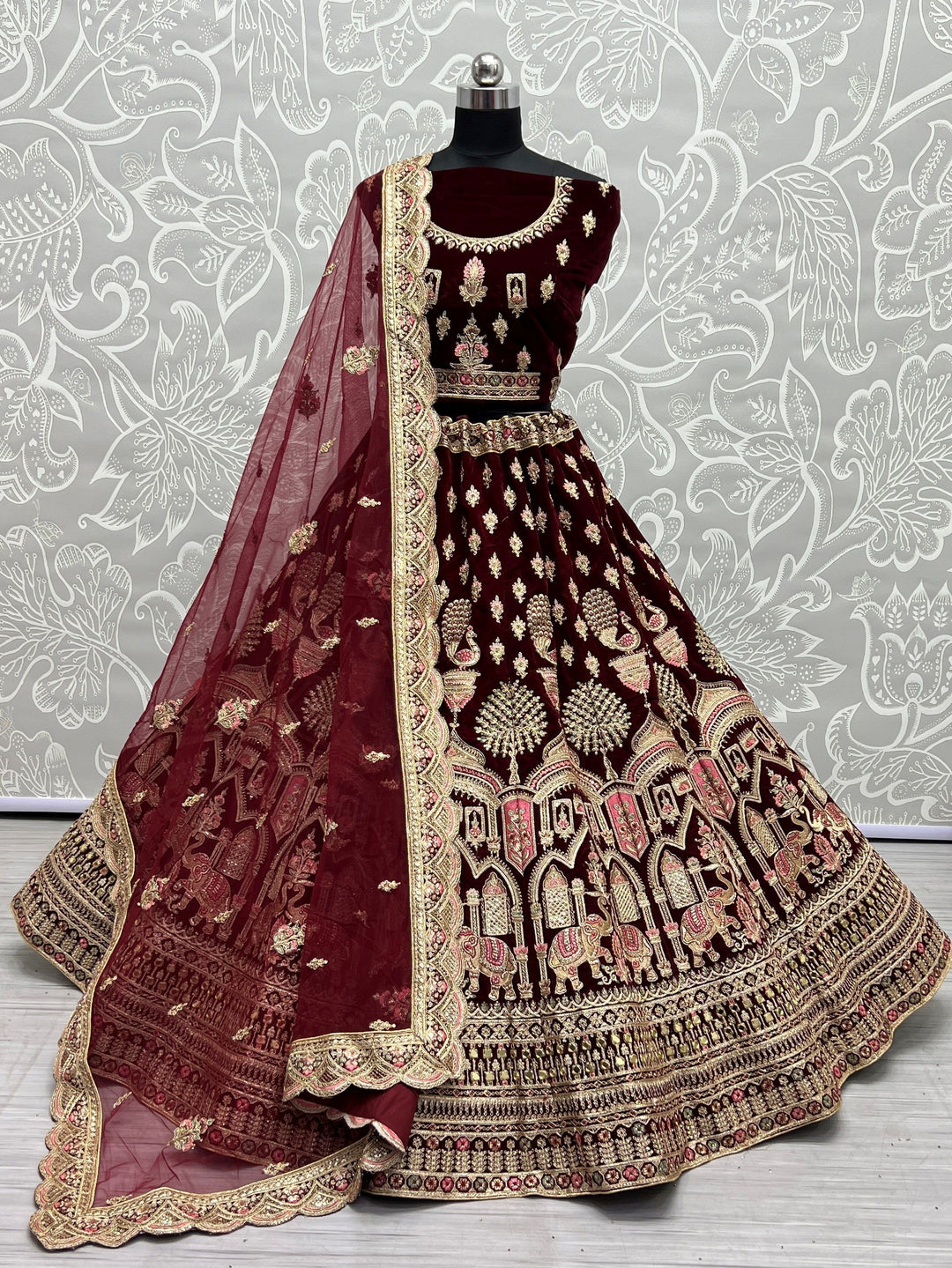 Maroon Velvet Lehenga Choli with Soft Net Dupatta | Wedding Choli Set