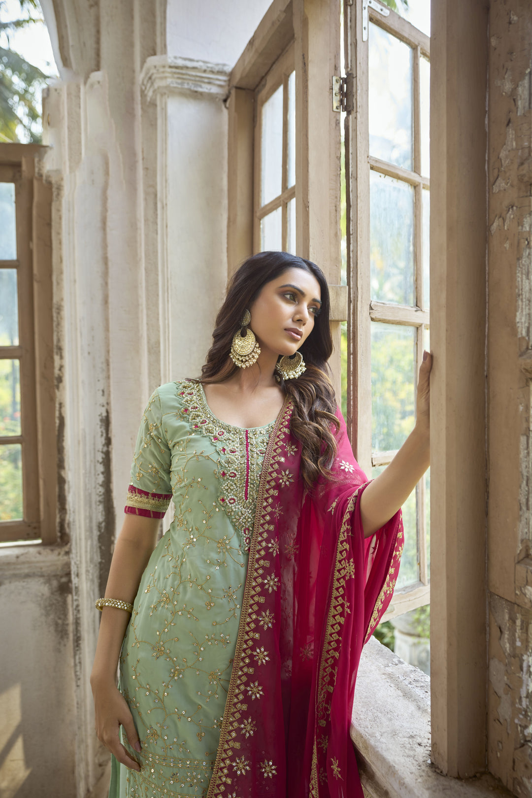 Pista Green Palazzo Suit Set | Faux Georgette Top & Bottom with Heavy Embroidery