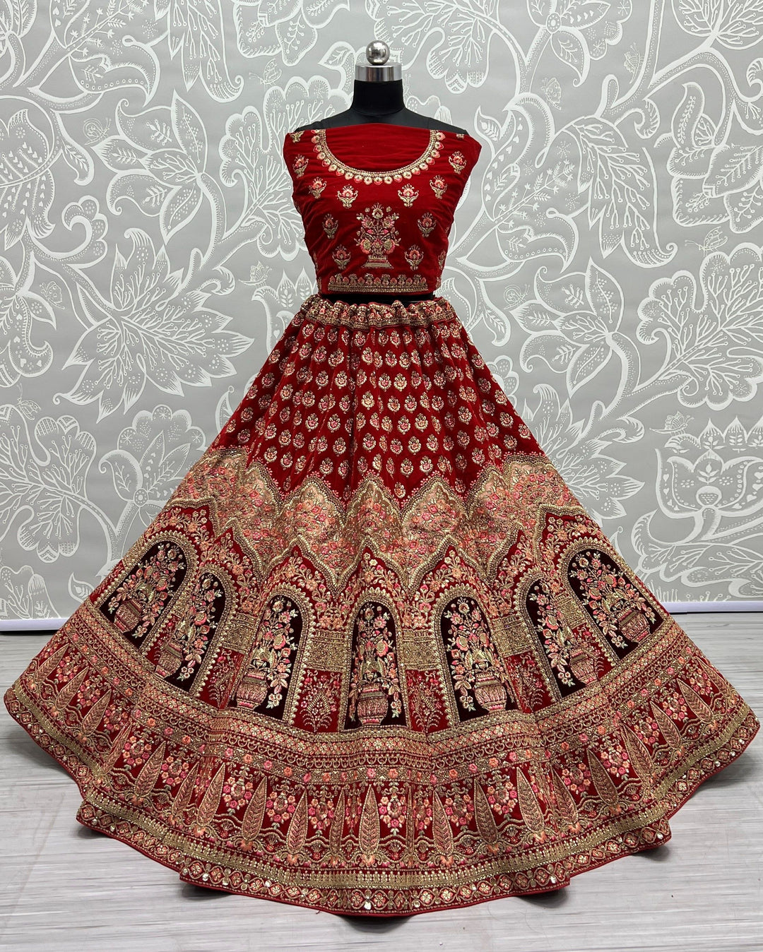 Designer Red Velvet Lehenga Choli | Multi Thread Embroidery Work For weddings