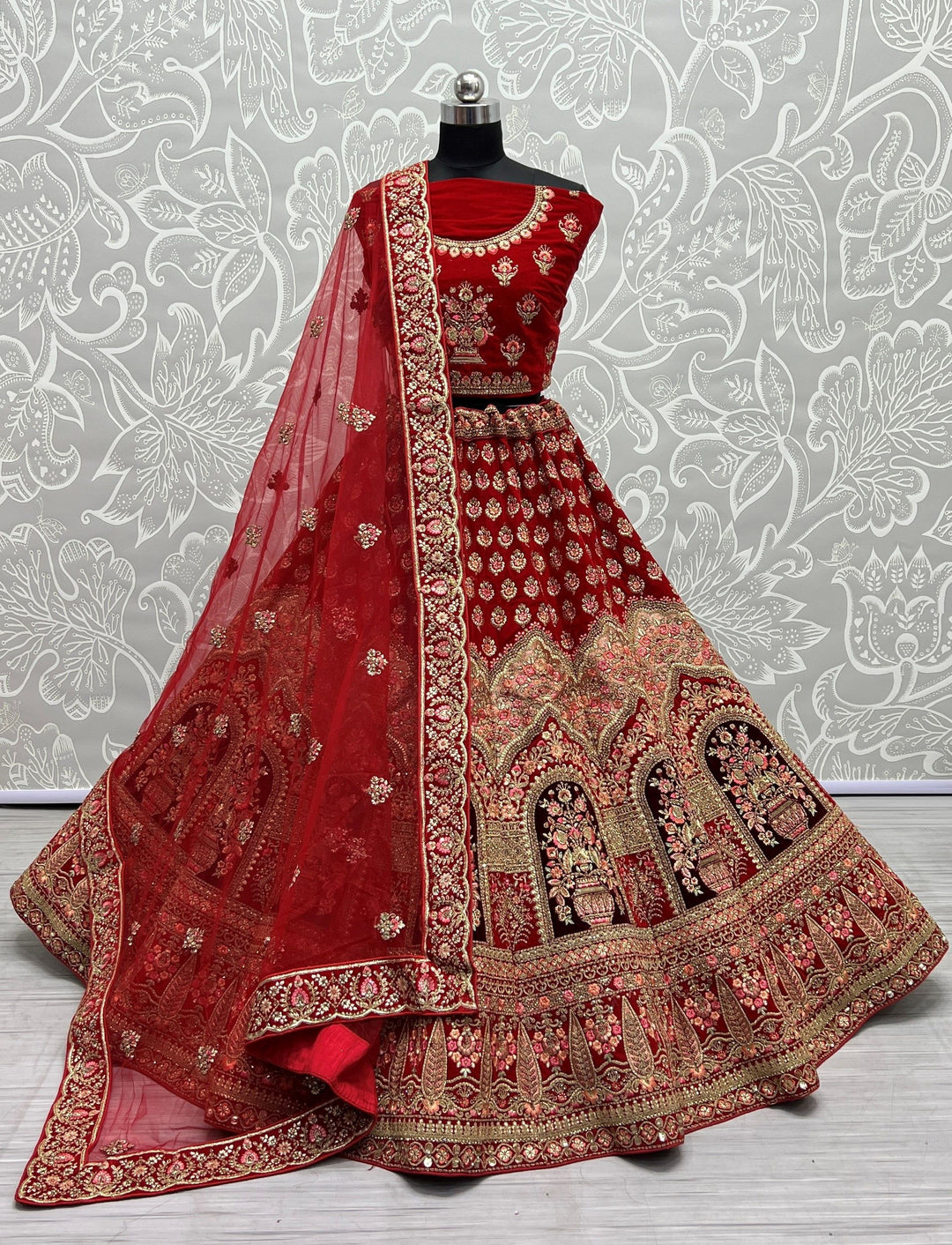 Designer Red Velvet Lehenga Choli | Multi Thread Embroidery Work For weddings