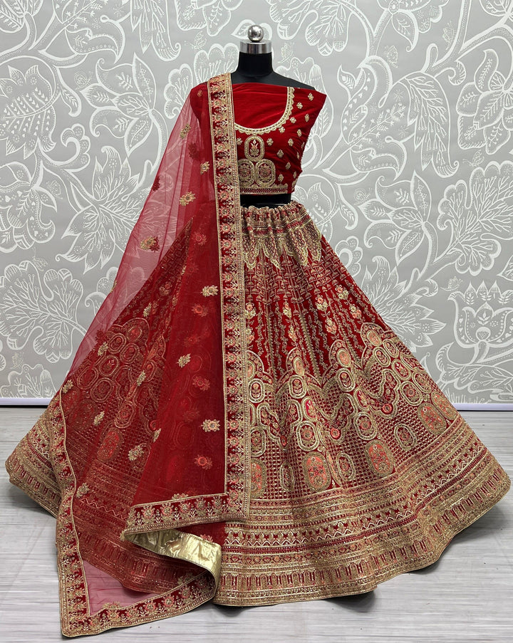 Velvet Lehenga Choli with Soft Net Dupatta | Thread Embroidery Work for Weddings