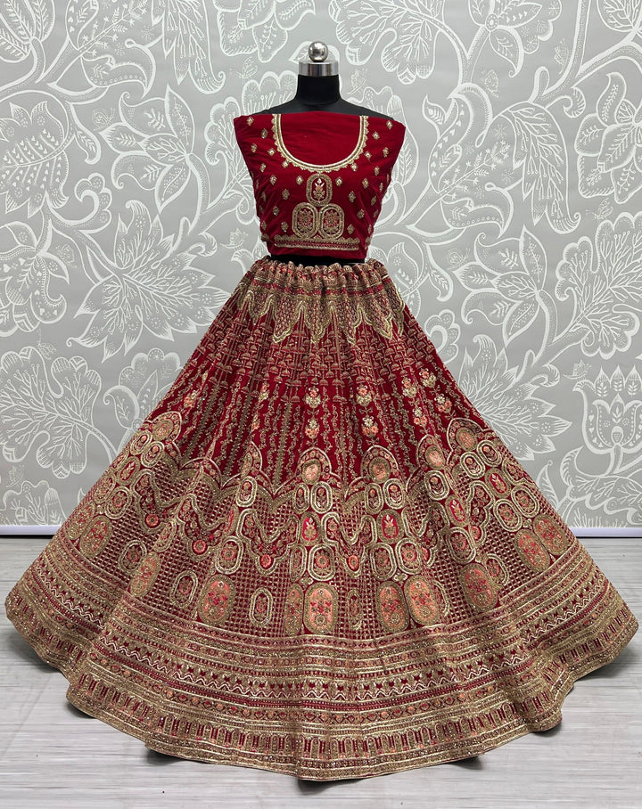 Velvet Lehenga Choli with Soft Net Dupatta | Thread Embroidery Work for Weddings