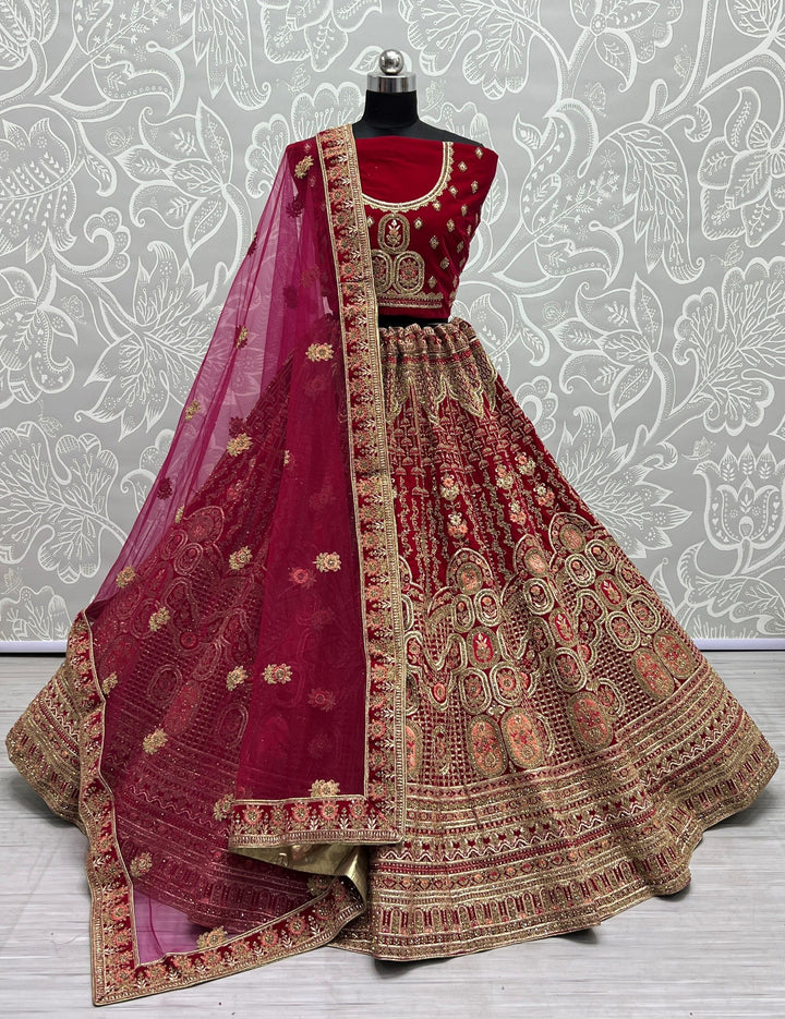 Velvet Lehenga Choli with Soft Net Dupatta | Thread Embroidery Work for Weddings