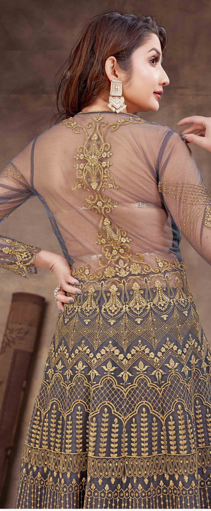 Designer Anarkali Dress | Grey Soft Net with V-Neck and Hand Embroidery