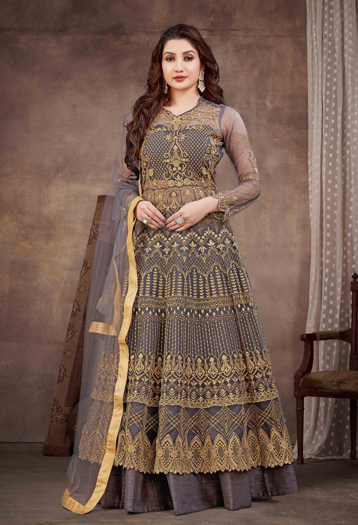 Designer Anarkali Dress | Grey Soft Net with V-Neck and Hand Embroidery