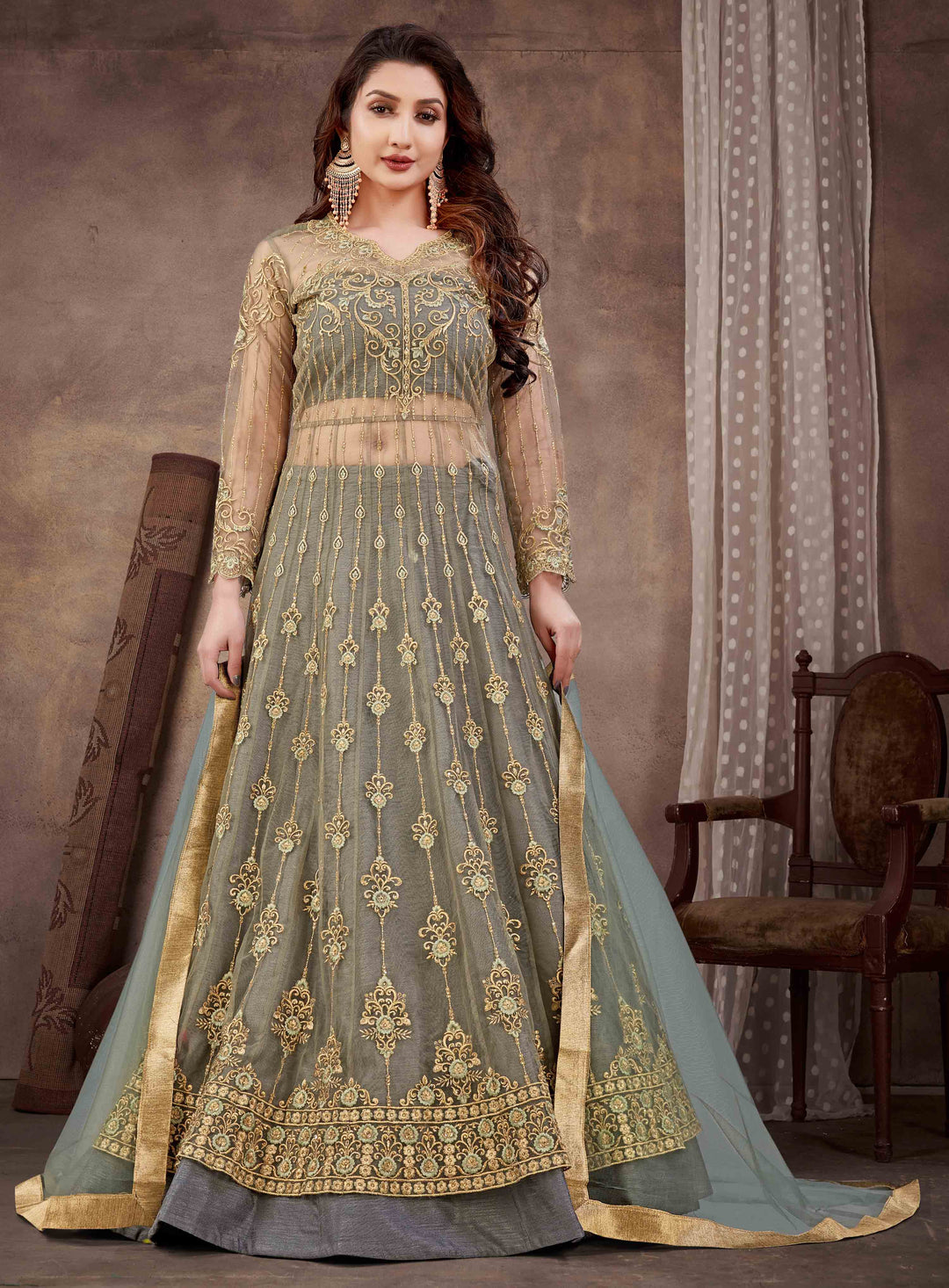 Designer Gray Anarkali Suit | Heavy Hand Work with Soft Net Dupatta for Festive Wear