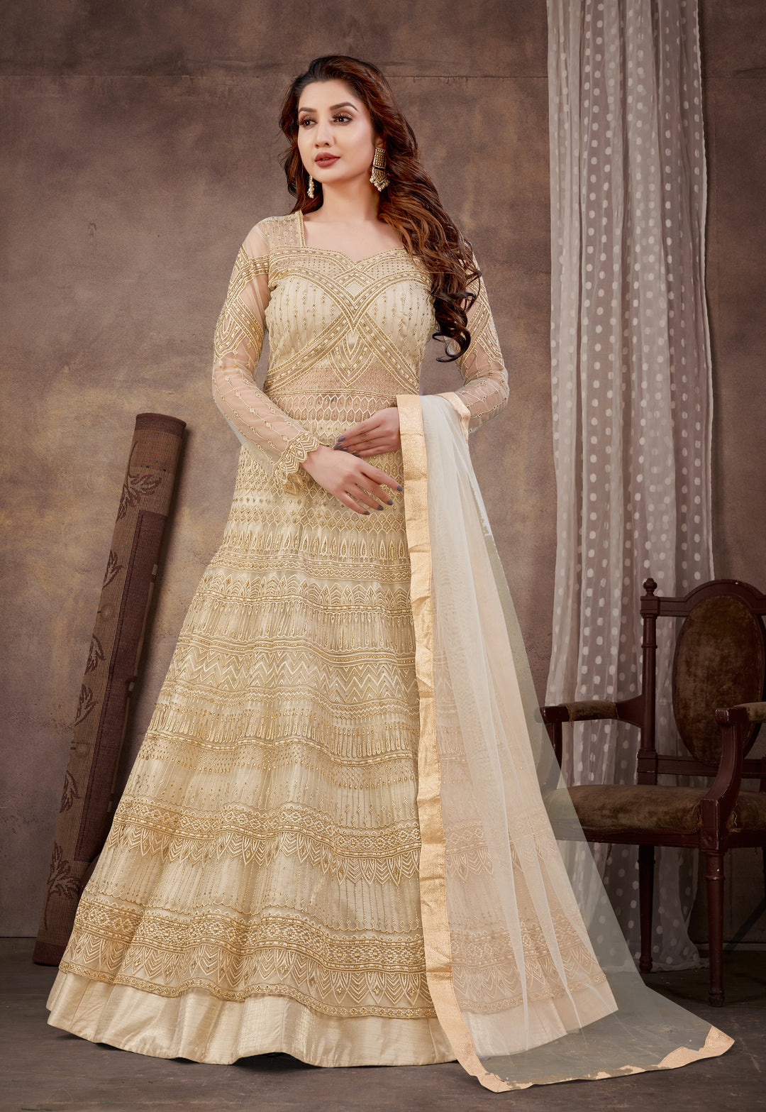 Elegant Beige Anarkali Suit | Designer Embroidery and Soft Net Dupatta