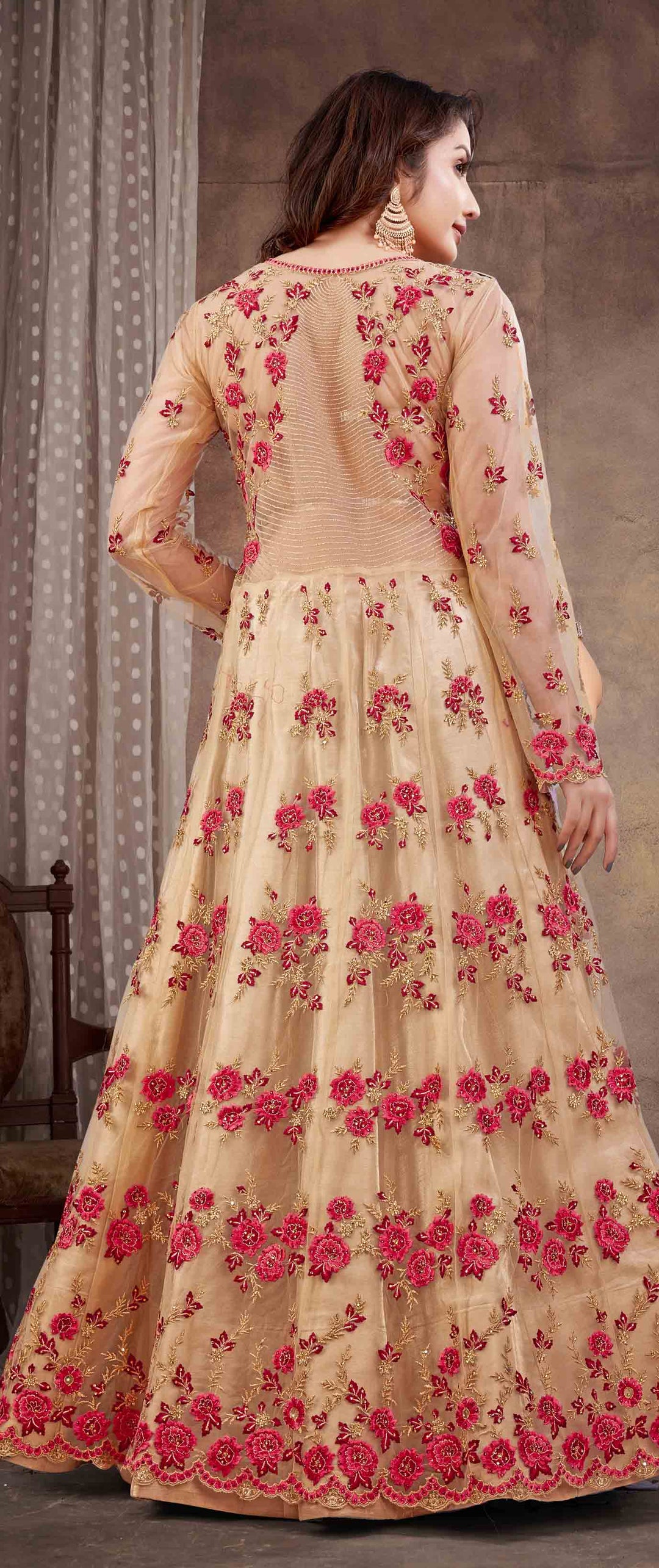 Peach Anarkali Suit | Soft Net & Silk with Designer Embroidery and Hand Work