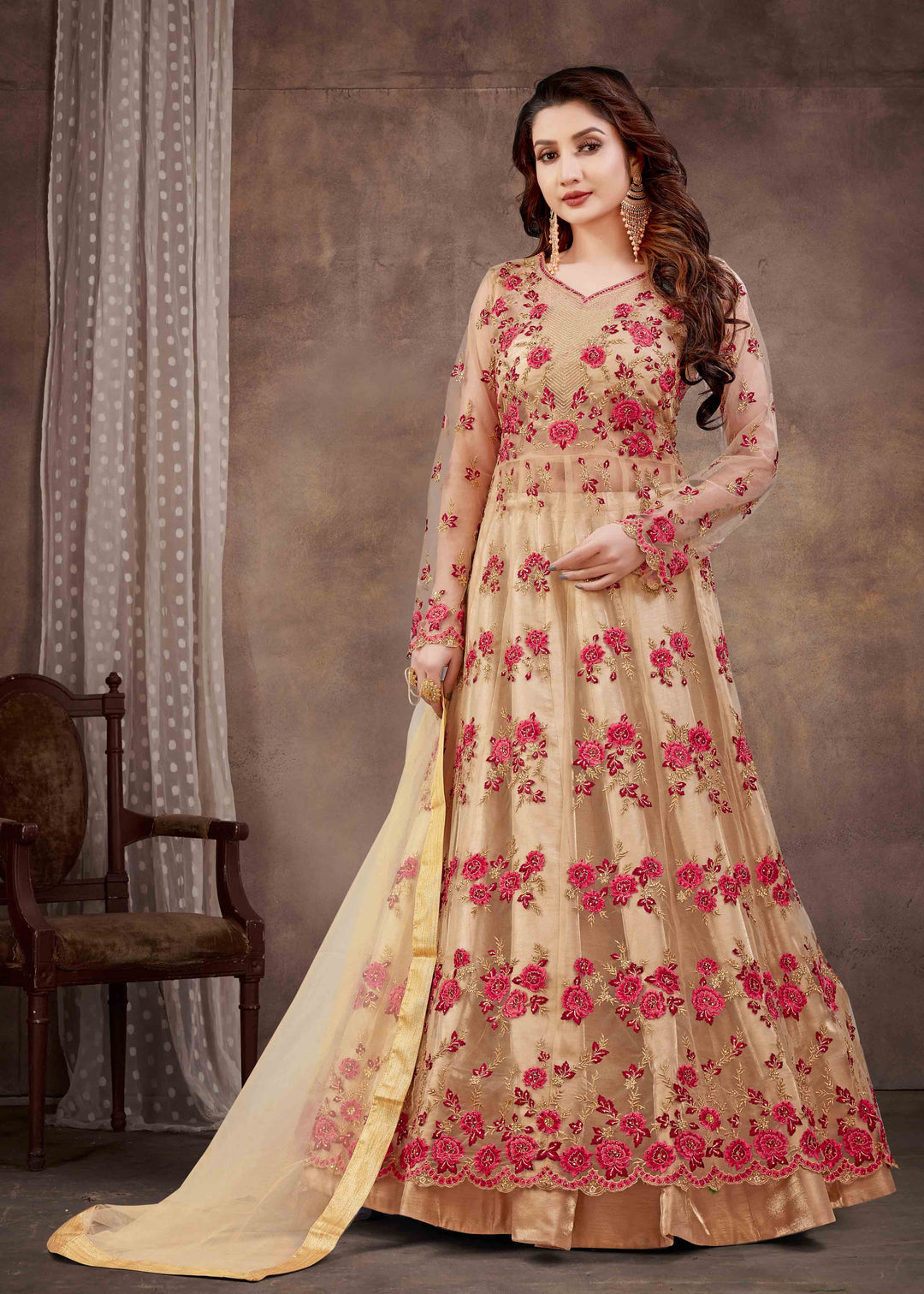 Peach Anarkali Suit | Soft Net & Silk with Designer Embroidery and Hand Work