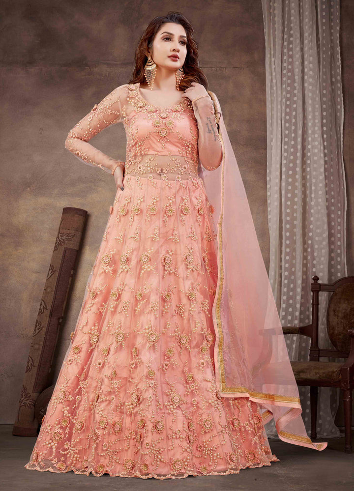 Pink Anarkali Suit | Soft Net Top & Silk Bottom with Designer Embroidery