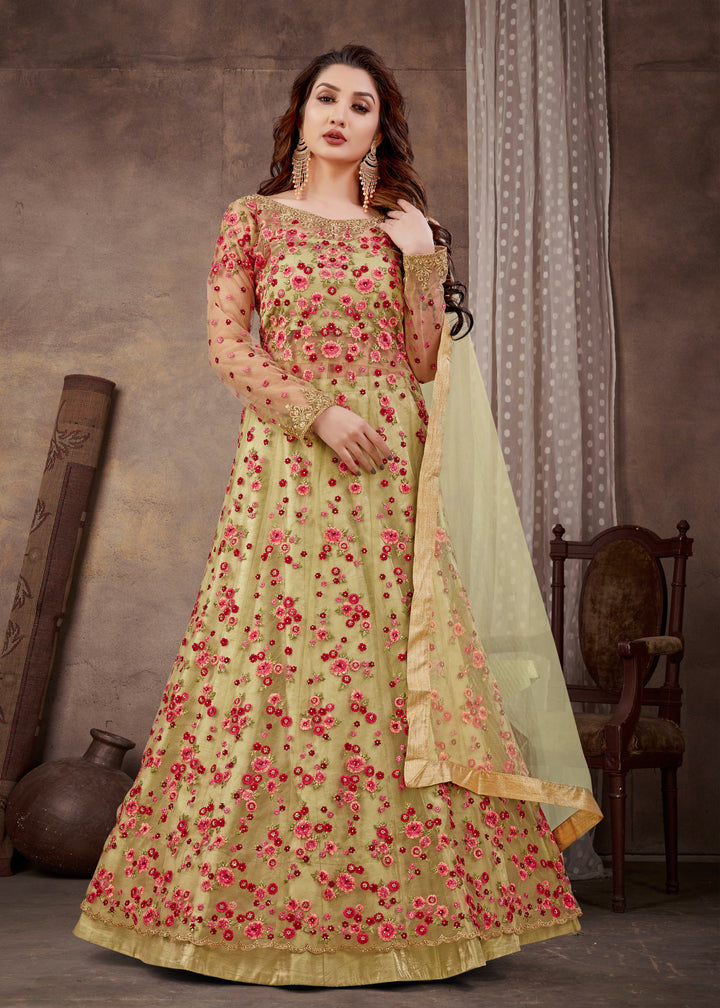 Pista Green Anarkali | Intricate Hand Work & Soft Net Dupatta for Wedding Wear