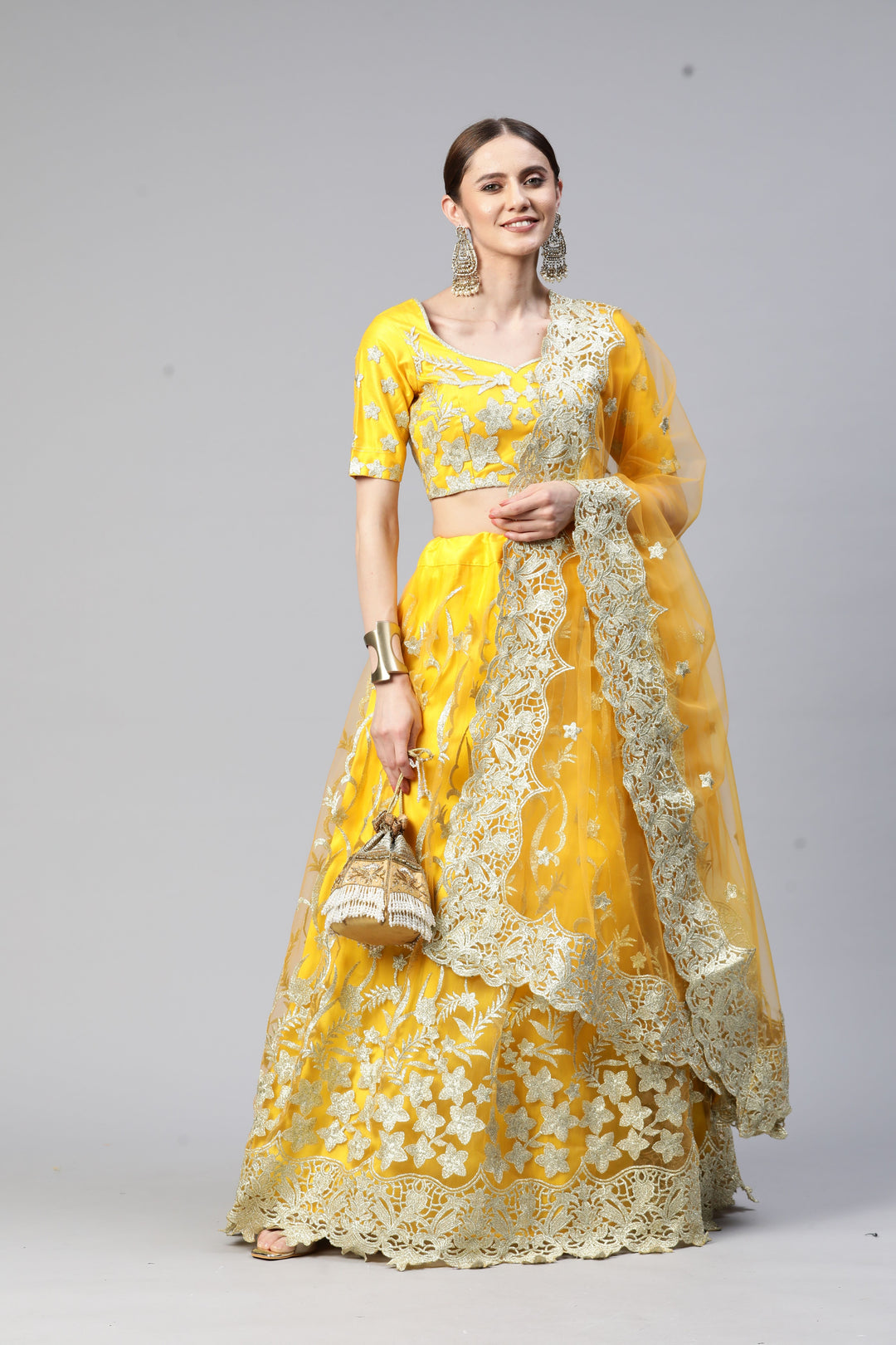 Designer Yellow Lehenga Choli Net & Satin Fabric | For Wedding Wear