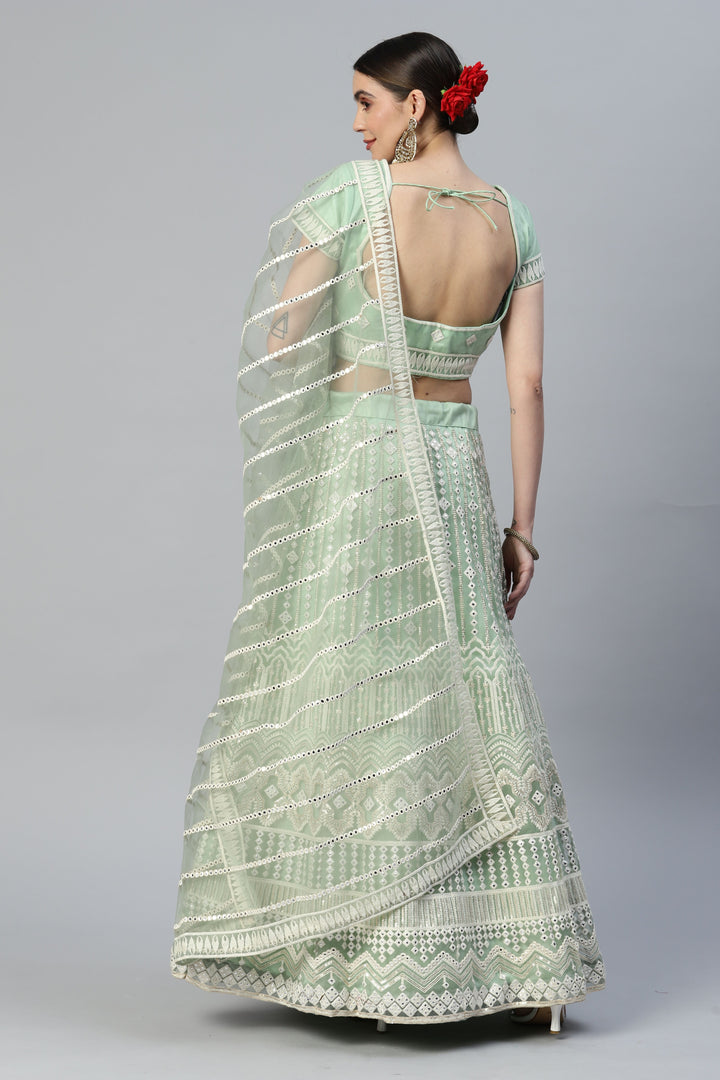 Sea Green Lehenga Choli | Net & Satin with Thread Embroidery and Mirror Work