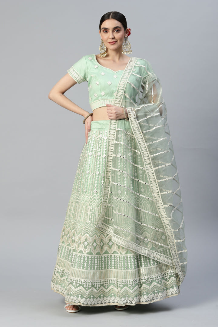 Sea Green Lehenga Choli | Net & Satin with Thread Embroidery and Mirror Work